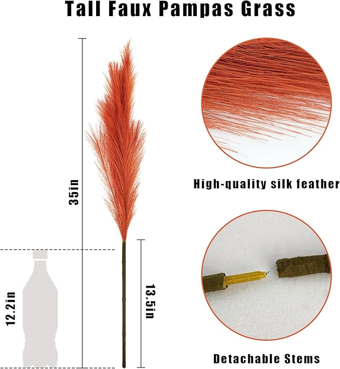 8pcs Orange Pampas Grass Tall, 35" Fluffy Faux Colored Pompas Grass Artificial Orange Pampas Stems Vase Filler Fall Flower Arrangement for Home Wedding Centerpieces Autumn Bohe Decor
