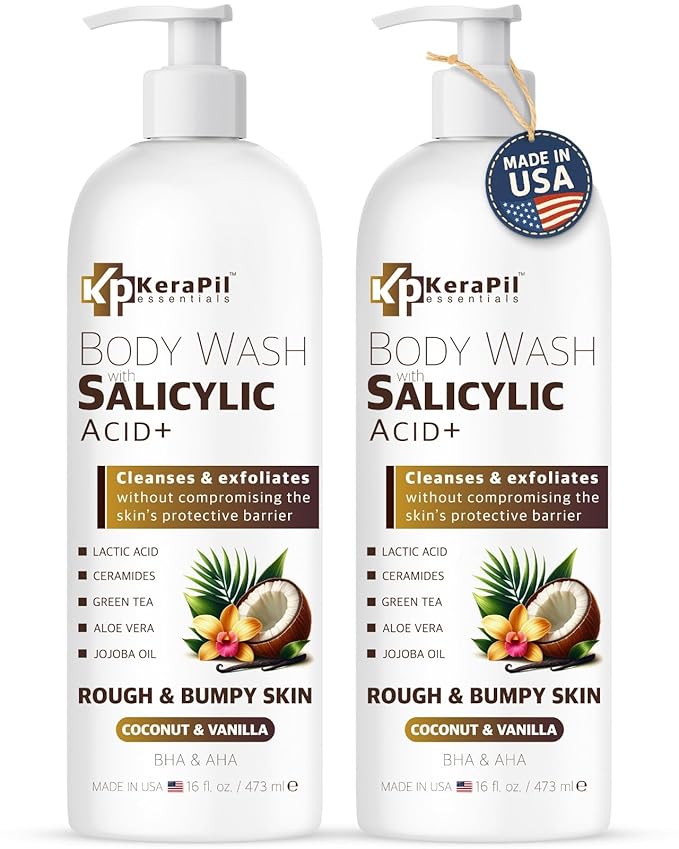 Exfoliating Body Wash with Salicylic Acid - No Dry Out, Gentle Exfoliates Rough and Bumpy Skin, Body Acne Wash, BHA & AHA - Coconut and Vanilla Salicylic Acid Body Wash - (16 fl oz x 2)-GlimoraGlow