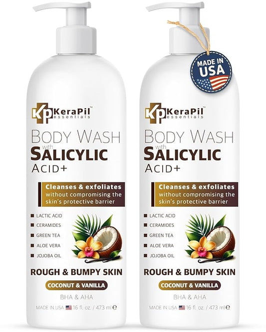 Exfoliating Body Wash with Salicylic Acid - No Dry Out, Gentle Exfoliates Rough and Bumpy Skin, Body Acne Wash, BHA & AHA - Coconut and Vanilla Salicylic Acid Body Wash - (16 fl oz x 2)-GlimoraGlow