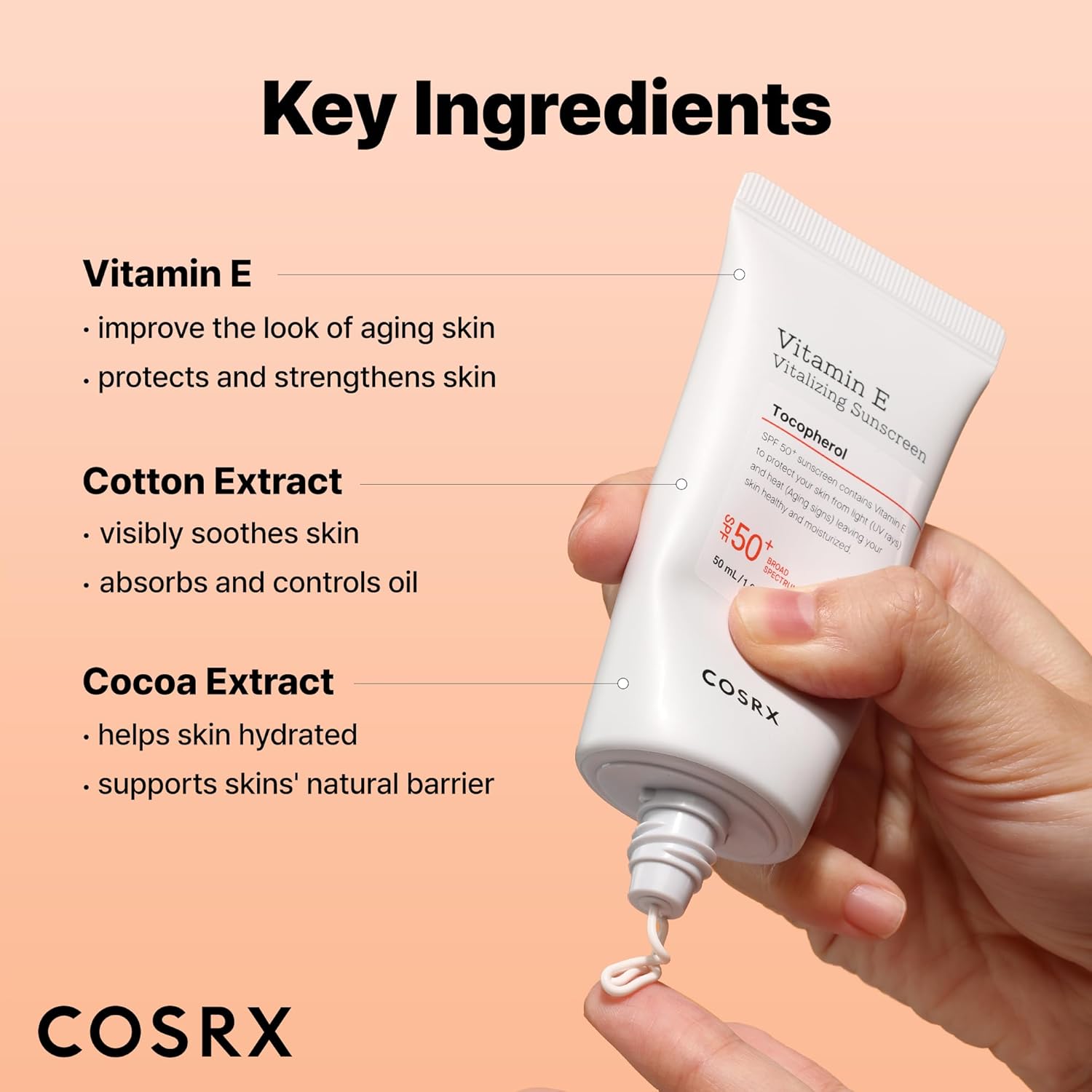 COSRX Vitamin E Vitalizing Face Sunscreen SPF 50, 1.69 fl oz, SPF Moisturizer, Lightweight under Makeup, Travel Essentials, Summer Essentials, Korean Skin Care, Korean Sunscreen for Face-GlimoraGlow