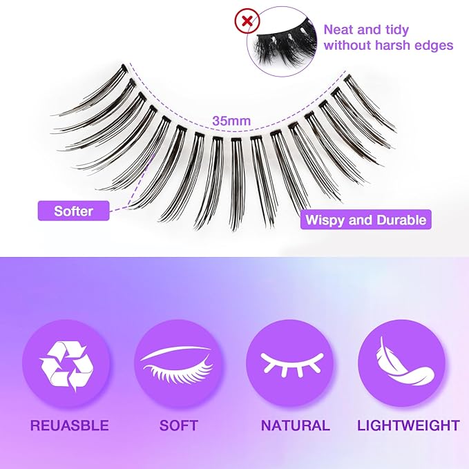 Wispy False Eyelashes Kit With Bond, Seal and Tweezer, 7 Pairs Natural Look Fake Cat Eye Lashes Strips Thin Band Extensions Waterproof Easy Eyelashes for Beginners DF99#-GlimoraGlow