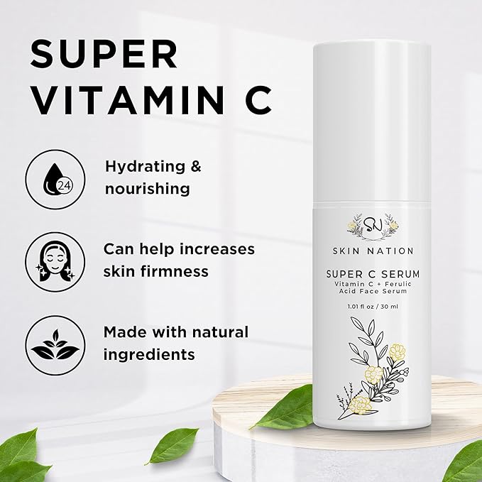 Skin Nation Super Hydrating Vitamin C Face Serum with Ferulic Acid, Aloe Vera, Rosehip Oil, Can Help Smooth Skin Texture and Supports Firmer Skin, for Dry and Sensitive Skin-GlimoraGlow