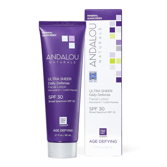 Andalou Naturals Age Defying Ultra Sheer Daily Defense Mineral Sunscreen SPF 30 | Face Lotion with Zinc Oxide | Lightweight Anti-Aging Sun Protection | 2.7 fl oz-GlimoraGlow