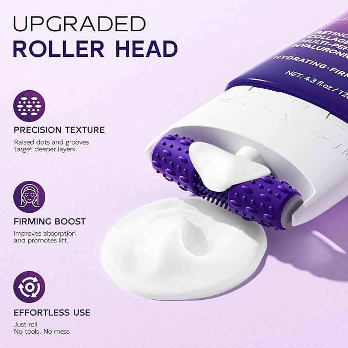 Firming Neck & Décolleté Cream with Retinol, AH-8 Hexapeptide, Collagen & Squalane – Instant Face Lift Cream for Wrinkles, Tightening & Crepey Skin – Neck Firming cream with Massage Roller – 4.3 fl oz-GlimoraGlow