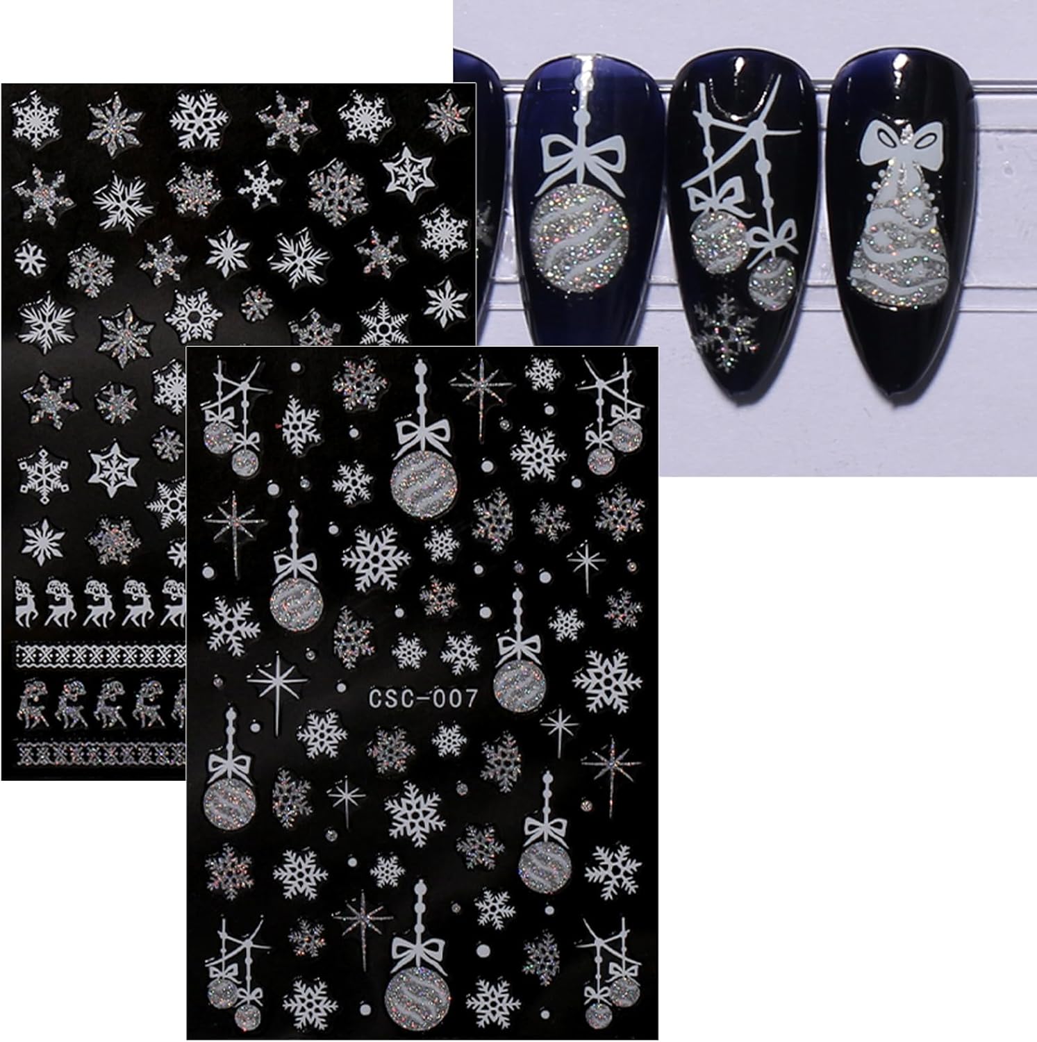 JMEOWIO 8 Sheets Christmas Glitter Nail Art Stickers Decals Self-Adhesive Snowflake Winter Holiday Cute Silver White Nail Supplies Nail Art Design Decoration Accessories-GlimoraGlow