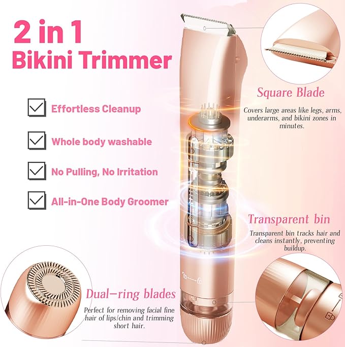 2 in 1 Electric Bikini Trimmer for Women, Dual Head Painless Razor Shaver,Wet & Dry Use Body Hair Trimmer and Facial Hair Remover for Underarm Leg Arm Body Face-GlimoraGlow