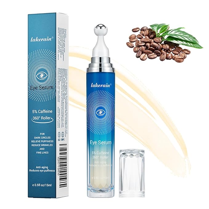 5% Caffeine Eye Serum with 360° Eye Massage Roller Eye Serum for Dark Circles & Relieve Puffiness, Reduce Wrinkles and Fine Lines, Eye Bags, Tighten Lifting Brightening Under Eye Cream-0.5 OZ-GlimoraGlow