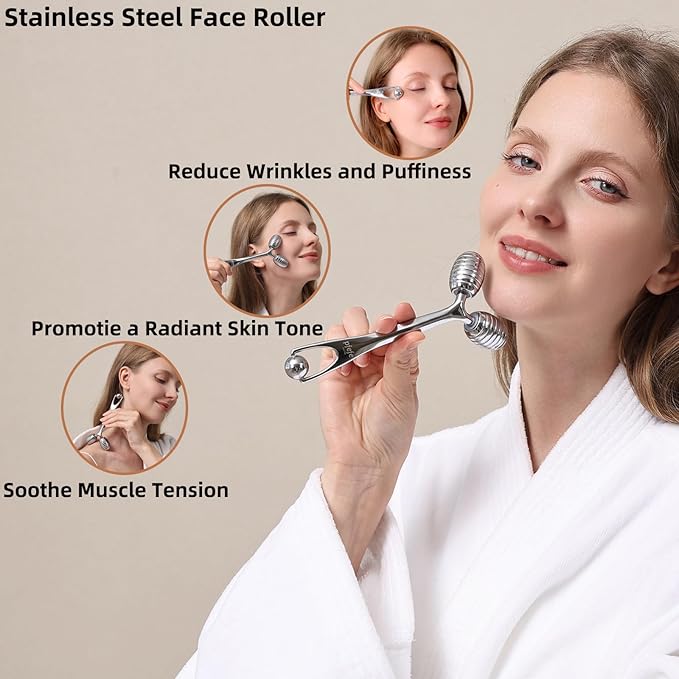 Stainless Steel Face Roller - Metal Facial Cooling Massager for Face and Eyes, Esthetician Supplies Cold Roller for Puffiness, Wrinkles, Dark Circles-GlimoraGlow