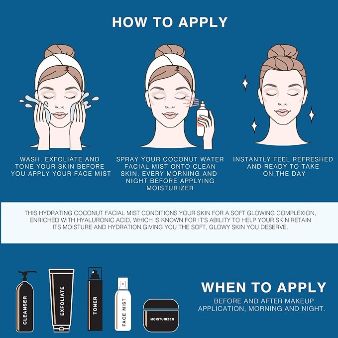 | Face & Body Mist Spray - Hydrating Coconut Water With Moisturizing Hyaluronic Acid | Instant Cooling, Conditoning, Hydrating | 8 FL OZ-GlimoraGlow