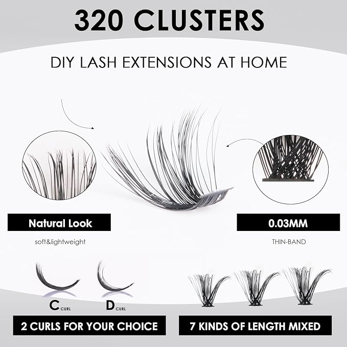 DIY Lash Extensions Kit 320pcs Individual Lashes Clusters 60D 80D D Curl Eyelash Extension Kit with Applicator and Lash Bond&Seal,Clusters Lash Glue Remover For False Eyelash Mix 10-16mm (60D+80D KIT)-GlimoraGlow