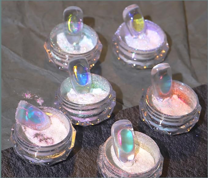 Ice Transparent Aurora Nail Powder Neon Rainbow Holographic Chameleon Powder Multi Chrome Iridescent Pigment Pearlescent Nail Art Glitters (6 Boxes Transparent)-GlimoraGlow