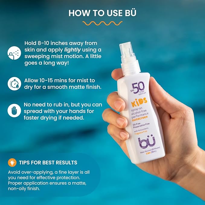 BU SPF 50 Kids Sunscreen Spray for Face and Body, Non Aerosol Spray, Fragrance Free, Clear, Non Greasy, Water Resistant, Fragrance Free 3.3 oz-GlimoraGlow