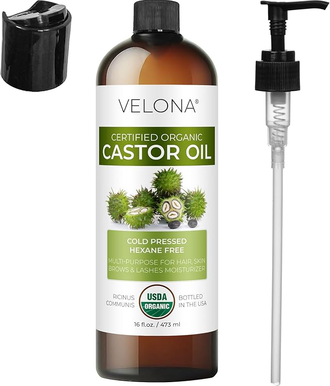 velona USDA Certified Organic Castor Oil - 16 fl oz (With Pump) | For Hair Growth, Boost Eyelashes, Eyebrows | Cold pressed, Natural Oil, USP Grade | Hexane Free, Lash Serum, Caster-GlimoraGlow