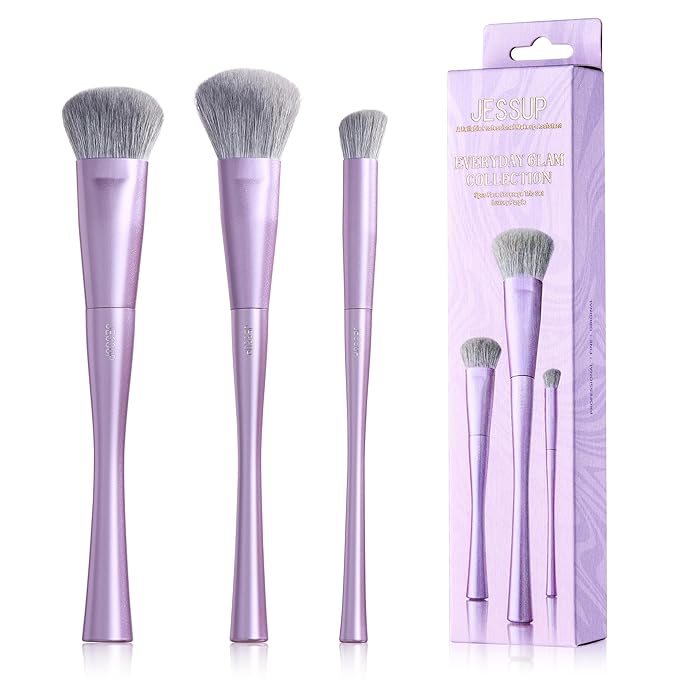 Jessup Face Makeup Brush Set 3 pcs, Ultra-Soft Dense Makeup Brushes for Foundation Contour Powder and Blush, Premium Synthetic Fiber, Luxury Purple T513-GlimoraGlow