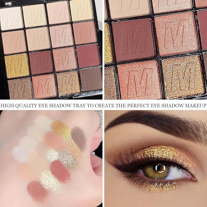 16 Colors Nude Champagne Gold Glitter Matte Shimmer Eyeshadow Palette for Eye Makeup,High Pigmented Brown Eye Shadow Primers Powder Palet de sombras de ojos-GlimoraGlow
