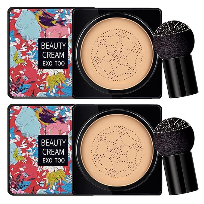 2 Pack Mushroom Head Air Cushion CC Cream Foundation,Beauty Cream EXO TOO Moisturizing BB Cream, Long Lasting Matte Concealer with 2PCS Mushroom Head Sponges (Natural)-GlimoraGlow