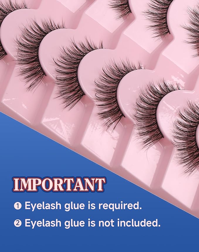 Natural Lashes Wispy False Eyelashes Strip Flared Natural Look Eyelash CatEye Lash Soft Lashes Fluffy Mink Eyelash Pack 7 Pairs 16MM D76-GlimoraGlow