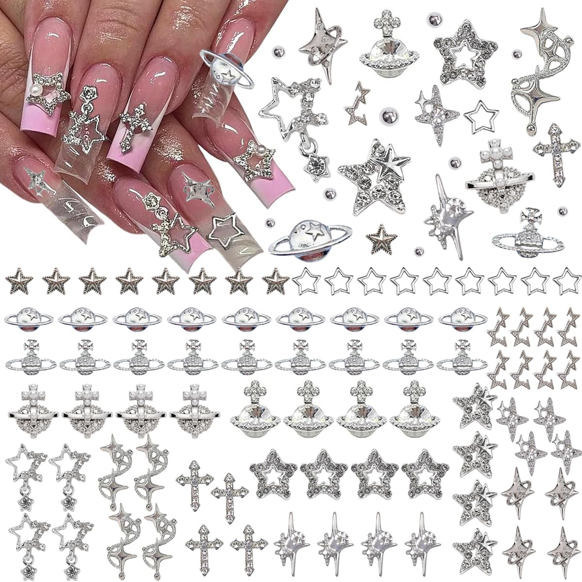 120+ Pcs Star Nail Charms Inlaid Rhinestones Gems, Silver Star Planet Cross Nail Art Decorations Shiny Jewelry for Acrylic Nail Accessories for Women Girl Manicure DlY Crafts Supplies-GlimoraGlow