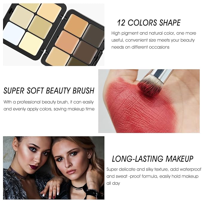 12 Colors Cream [Contour+Concealer] Makeup Palette for Cheeks - Multi-functional Makeup Palette with Brush, Natural Matte Long Wearing, Waterproof Blendable Face Makeup Palette (#03)-GlimoraGlow