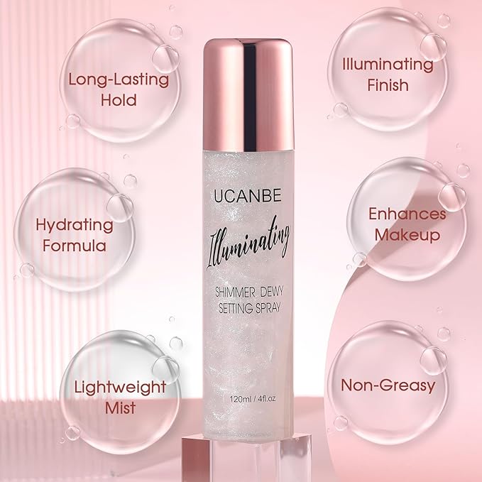 UCANBE Shimmer Dewy Setting Spray – Glowing + Makeup Setting Spray 2 in 1 Lightweight Formula for a Radiant Glow,Long-Lasting Face Mist for Face Body, 4 Fl Oz #Silver-GlimoraGlow