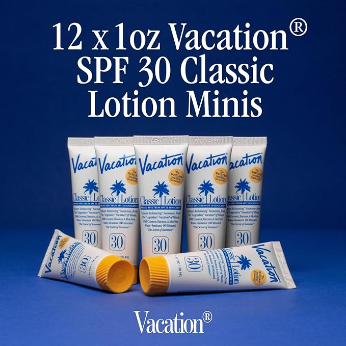 Vacation Mini Classic Sunscreen SPF 30, Water-Resistant, Bulk Suntan Lotion, Bachelorette Party Favors, Beach Must Haves, Traveling Essentials, Travel Size, 1 Fl. Oz. (Value Pack of 12)-GlimoraGlow