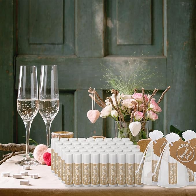 100 Set Thank You Lip Balm Bulk Small Natural Moisturizing Mini Lip Balm with Organza Bag and Card for Baby Wedding Bridal Shower Thank You Favors Bridesmaid Gifts Women Guests-GlimoraGlow