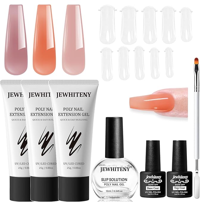 JEWHITENY Poly Extension Gel Nail Set Clear Pink Poly Nail Gel With Slip Solution Base Coat Top Coat French Manicure Need U V Lamp Curing for Finger Art and Home DIY-GlimoraGlow