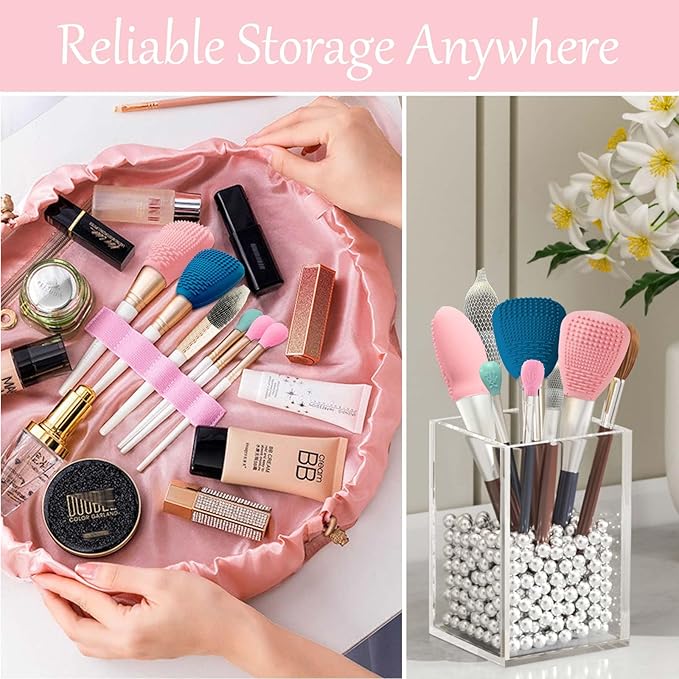 Silicone Travel Make-up Brush Holder with Cleaner Mat Pad, Organizer Case Covers for Foundation Eye Lip Brushes Storage Cleaning, Gift for Women Girl-friend Mother Wife, 5-Pcs Large + 7 Small, Blue-GlimoraGlow