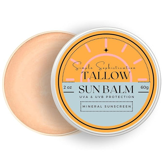 Tallow Sun Balm, tinted - with grassfed tallow, castor oil, zinc oxide | Mineral Sunscreen | Natural, Clean, Organic | Reef Safe, Ocean Friendly | Spf 30 - suitable for sensitive skin (2 oz) (Fair)-GlimoraGlow