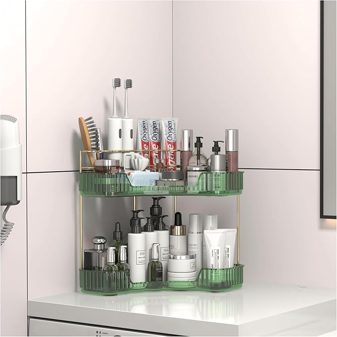 2 Tier Corner Bathroom Organizer Countertop, Vanity Makeup Organizer with Brush Holder, Space-Saving Skincare Storage Corner Shelf for Bathroom, Dressing Table, Kitchen-GlimoraGlow