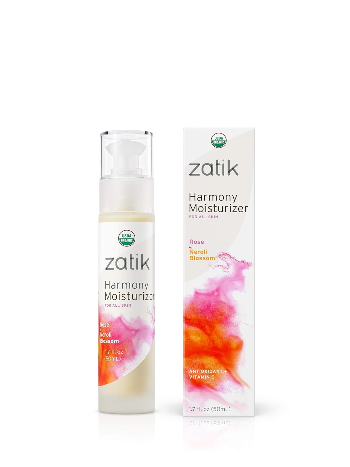 Zatik Naturals - Harmony Moisturizer with Rose and Neroli Blossom, USDA Organic, Vegan, Non GMO, Gluten Free, Soy Free, Alcohol Free, pH Balanced, Biodegradable, 1.7 fl oz 50ml-GlimoraGlow