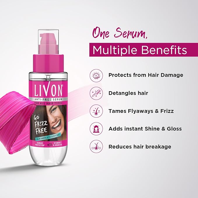 Livon Hair Serum for Men & Women | Frizz-free, stronger and shinier hair | Sulphate & Paraben free| For All Hair Types | Lightweight & Non Greasy | Enriched with Argan Oil & Vitamin E | 3.3 Fl.Oz-GlimoraGlow