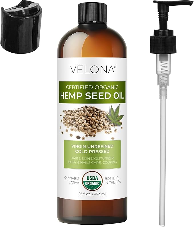 velona Hemp Seed Oil USDA Certified Organic - 16 Fl Oz | 100% Pure and Natural Carrier Oil | Unrefined, Cold Pressed | Hair, Body, Face & Skin Care-GlimoraGlow