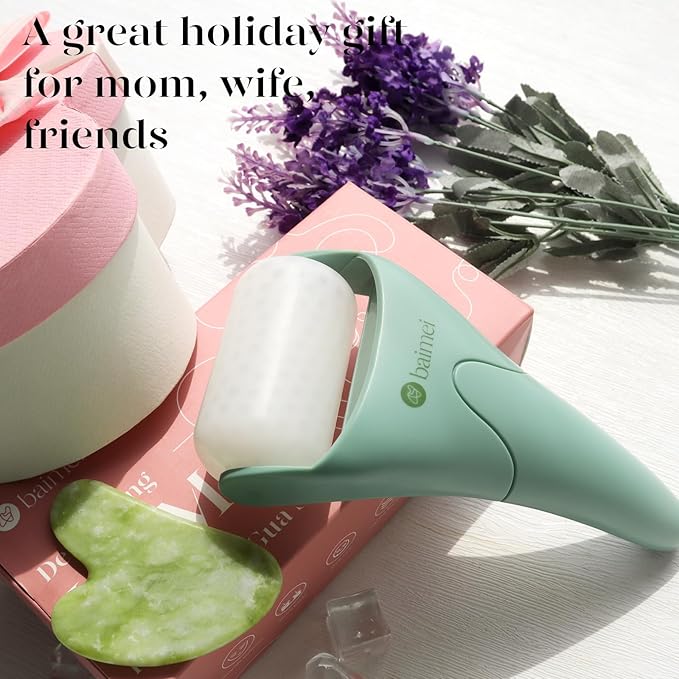 BAIMEI IcyMe Cryotherapy Ice Roller and Gua Sha Facial Tools Reduces Puffiness Migraine Pain Relief, Skin Care Tools for Face Massager Self Care Gift for Men Women - Green-GlimoraGlow