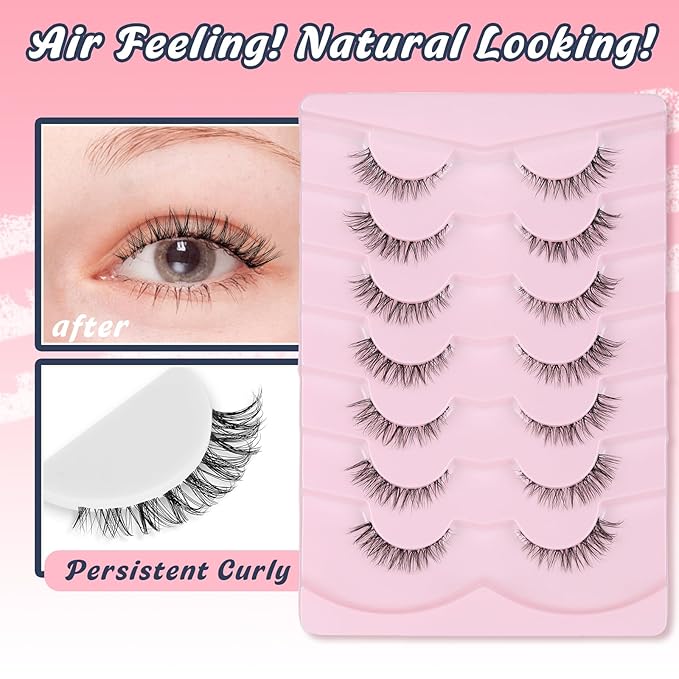 Cat Eyelashes Wispy False Eyelashes Natural 12mm Short Lashes with Thin Band Fake Eyelash 3D Volume Strip Lashes Siligli Eyelash Pack 7 Pair-GlimoraGlow