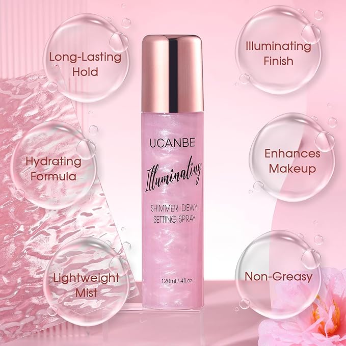 UCANBE Shimmer Dewy Setting Spray – Glowing + Makeup Setting Spray 2 in 1 Lightweight Formula for a Radiant Glow,Long-Lasting Face Mist for Face Body, 4 Fl Oz #Bubblegum-GlimoraGlow