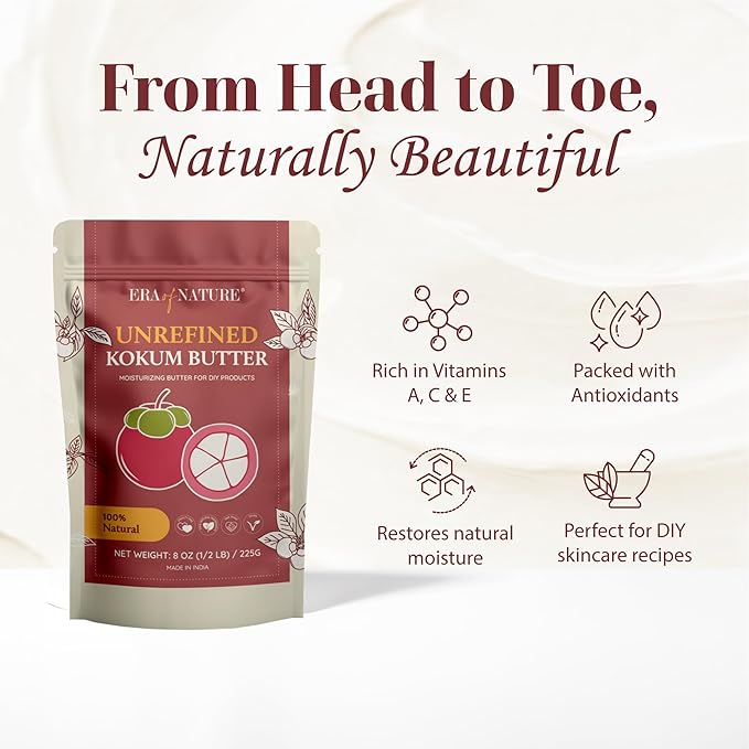 era of nature Kokum Butter Raw - 8 oz (1/2lb) – Natural Butter for Body Butters, Lotion Bars, Lip Balm, Soap Making – Blends Well with Shea or Cocoa Butter – For Stretch Marks, Scars, Pregnancy Care-GlimoraGlow