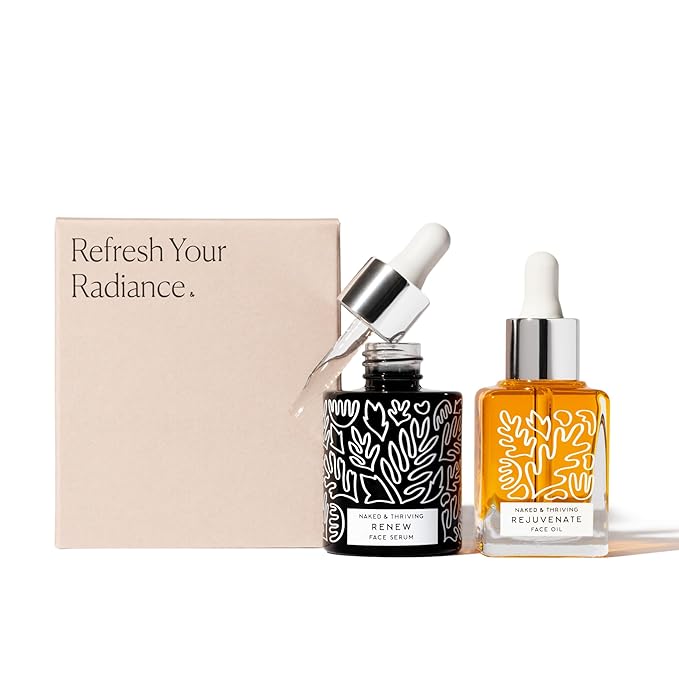 Naked & Thriving The Night Set | Renew Resurfacing Night Serum (30 mL) + Rejuvenate Restorative Face Oil (35 mL) with Hyaluronic Acid, Argan & Sea Buckthorn Oils and Fruit AHAs (Set of 2)-GlimoraGlow