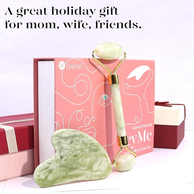 BAIMEI Jade Roller & Gua Sha Set Face Roller and Gua Sha Facial Tools for Skin Care Routine and Puffiness, Self Care Gift for Men Women - Light Green-GlimoraGlow