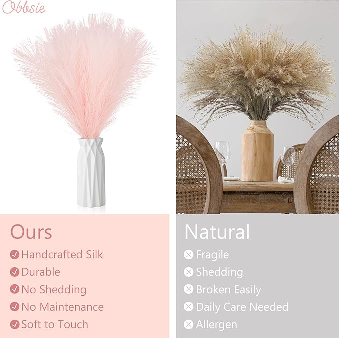 50pcs Pink Faux Pampas Grass Decor, 21.6" Short Artificial Pompous Grass Floral Fake Pompas Grass Branches Vase Filler Flower Arrangement for Home Wedding Boho Decor