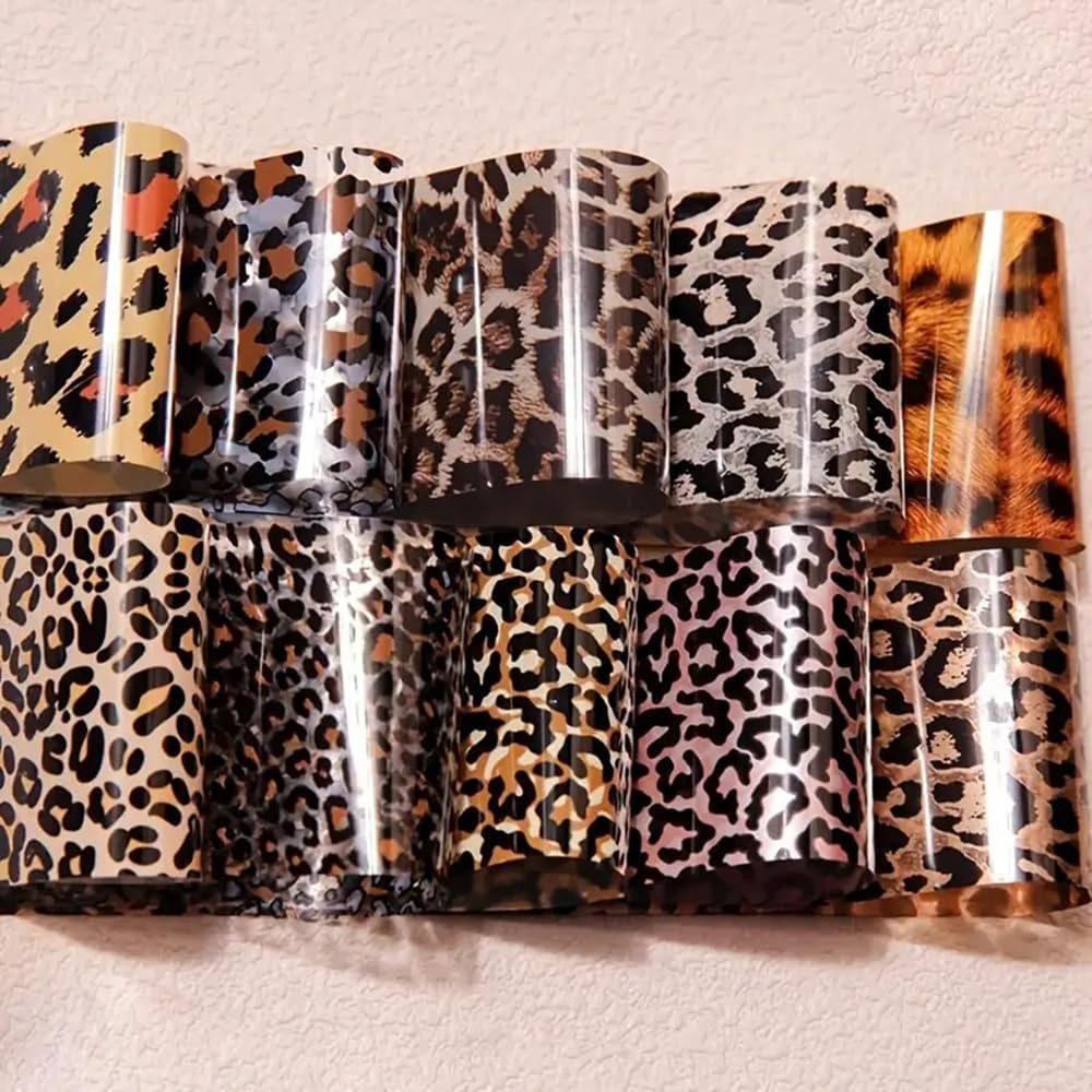 10 Rolls Leopard Print Nail Art Foils Transfer Stickers Animal Print Adhesive Decals Snake Cheetah Print Nail Foils Holographic Stickers Fall Nail Art Supplies for Women Autumn Nail Decorations-GlimoraGlow