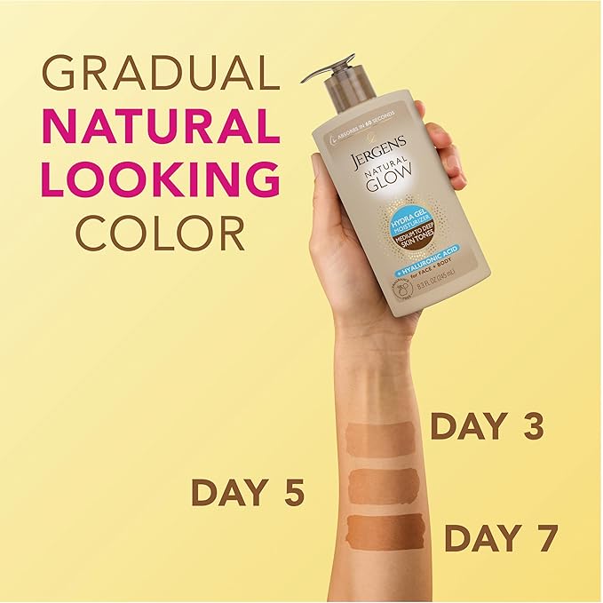 Jergens Natural Glow Hydra Gel Moisturizer, Gradual Tanning Lotion with Hyaluronic Acid, Hydrating Tanning Gel, Fragrance-Free Self Tanner, Medium to Deep Skin Tones 8.3 Fl Oz-GlimoraGlow