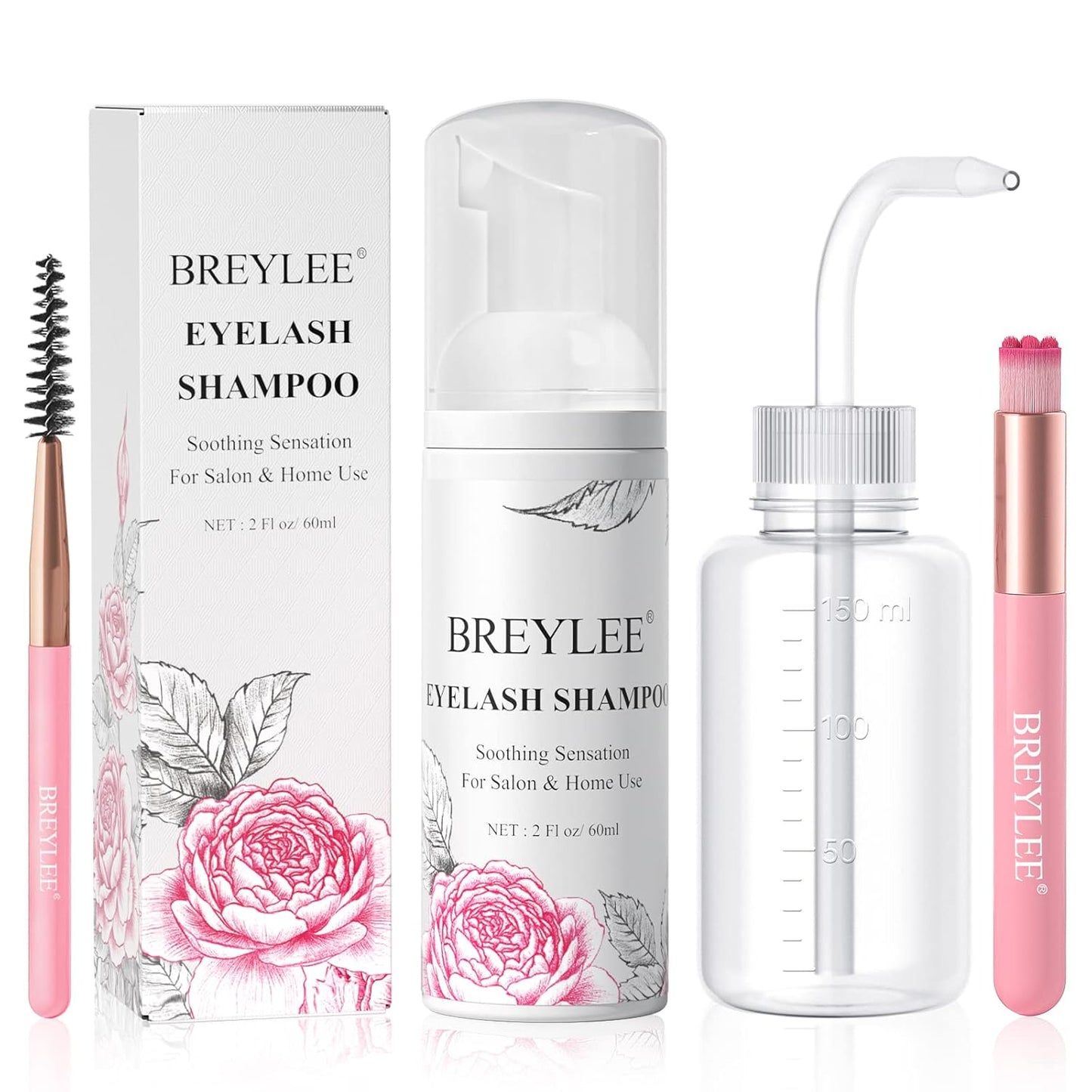 BREYLEE Shampoo for Lash Extensions, 60ml+Rinse Bottle+Brushes, Eyelash Extension Cleanser, Lash Wash Bath, Lash Cleaner for Makeup Cleansing Foams, Paraben & Sulfate Free for Salon and Home Use-GlimoraGlow