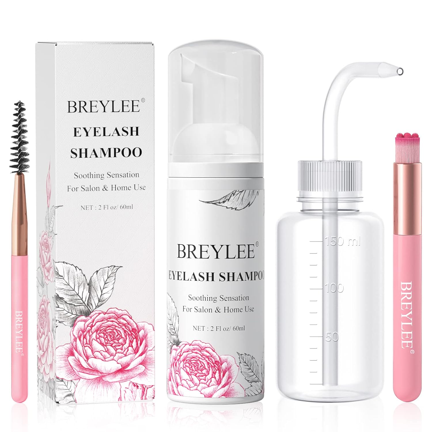 BREYLEE Shampoo for Lash Extensions, 60ml+Rinse Bottle+Brushes, Eyelash Extension Cleanser, Lash Wash Bath, Lash Cleaner for Makeup Cleansing Foams, Paraben & Sulfate Free for Salon and Home Use-GlimoraGlow