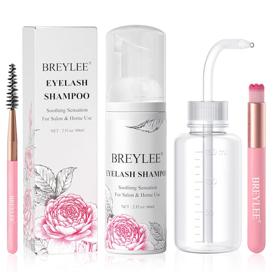 BREYLEE Shampoo for Lash Extensions, 60ml+Rinse Bottle+Brushes, Eyelash Extension Cleanser, Lash Wash Bath, Lash Cleaner for Makeup Cleansing Foams, Paraben & Sulfate Free for Salon and Home Use-GlimoraGlow