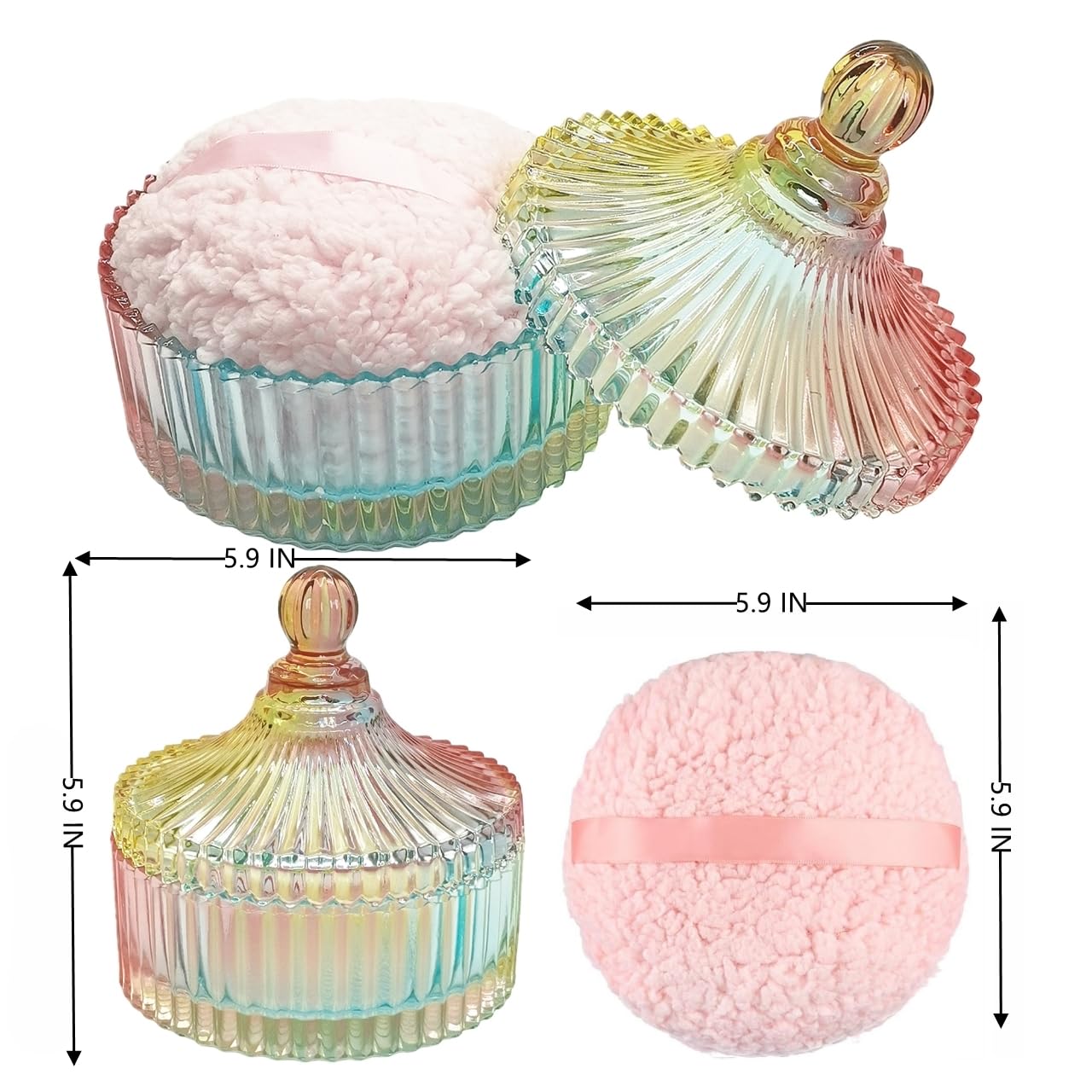 Extra Large Body Powder Puff and Container - Vintage Glass Dusting Powder Container with Soft Puff for Women & Girls (5.9x5.9x5.9 IN)-GRB010-Colorful-A-GlimoraGlow