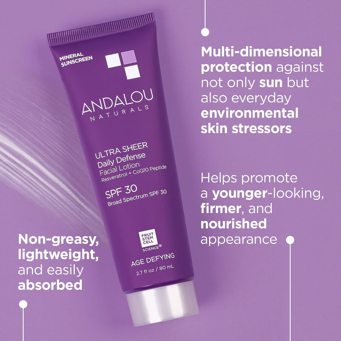 Andalou Naturals Age Defying Ultra Sheer Daily Defense Mineral Sunscreen SPF 30 | Face Lotion with Zinc Oxide | Lightweight Anti-Aging Sun Protection | 2.7 fl oz-GlimoraGlow