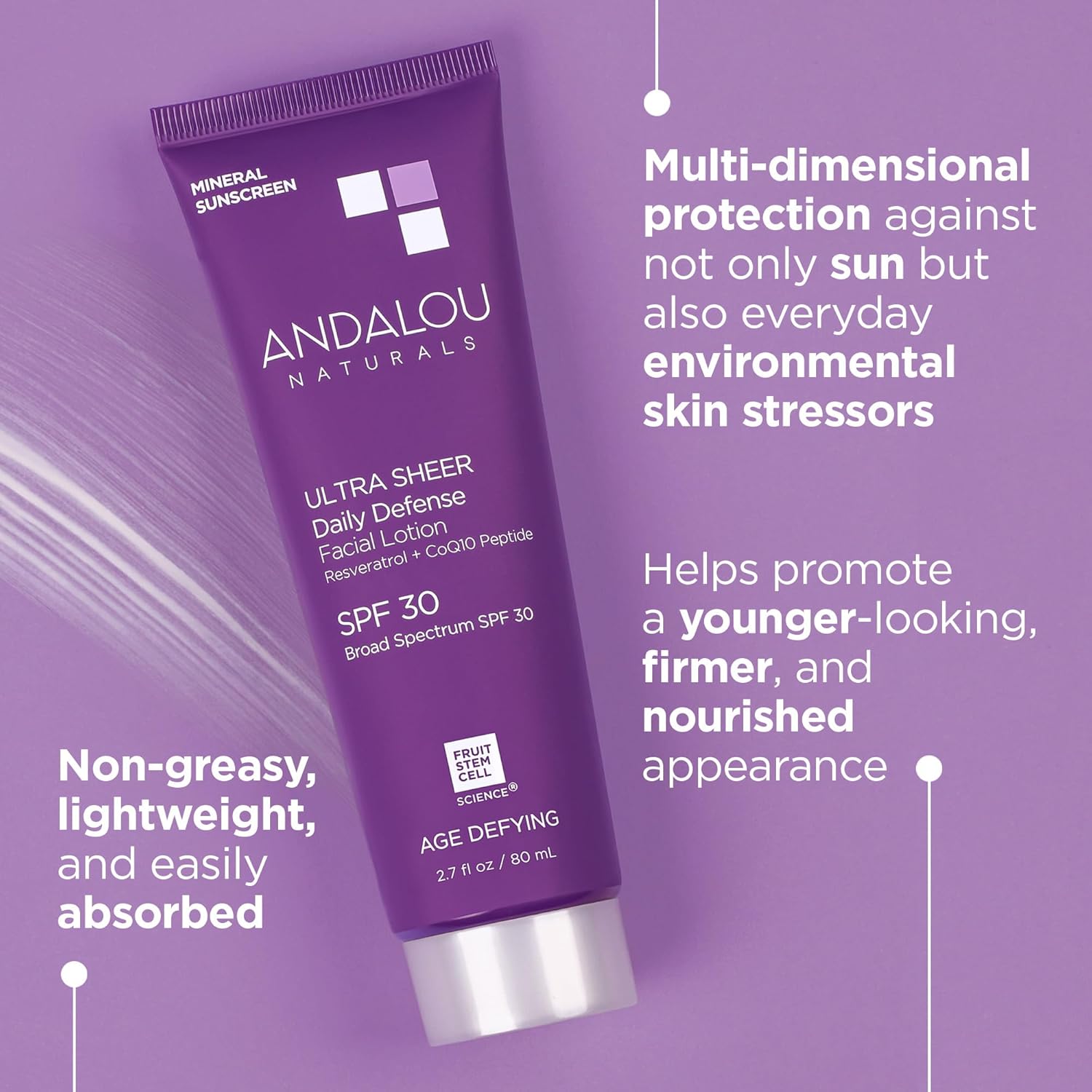 Andalou Naturals Age Defying Ultra Sheer Daily Defense Mineral Sunscreen SPF 30 | Face Lotion with Zinc Oxide | Lightweight Anti-Aging Sun Protection | 2.7 fl oz-GlimoraGlow