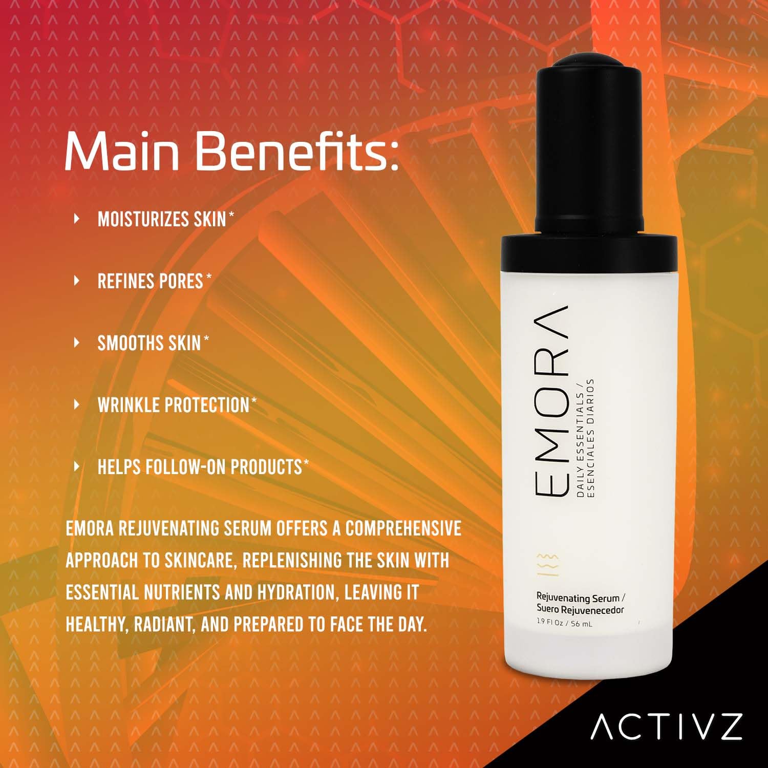 ACTIVZ Emora Rejuvenating Serum - Nourishes, Tones, Renews Skin with Saccharomyces Ferment, Rosa Canina, Niacinamide, Green Tea, and Vitamin E - 56ml-GlimoraGlow