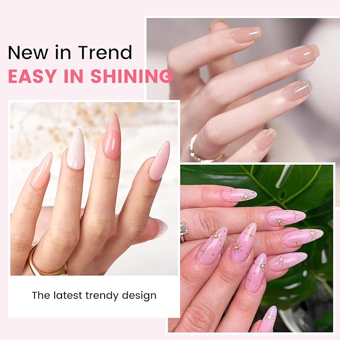 Jelly Gel Nail Polish Kit with U V Light, Hema-Free Milky Nude Sheer White Pink Gliter Gel Polish Set with Base & Top Coat Chrome Nail Powder, 4 Colors Mini Salon Nail Art Starter Gift for Women Girl-GlimoraGlow
